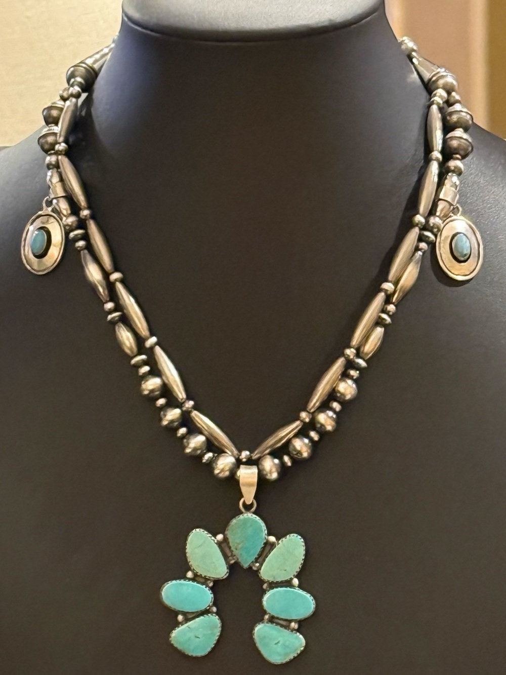 Sterling Silver Navajo Pearls Turquoise Squash Blossom Naja Pendant Necklace